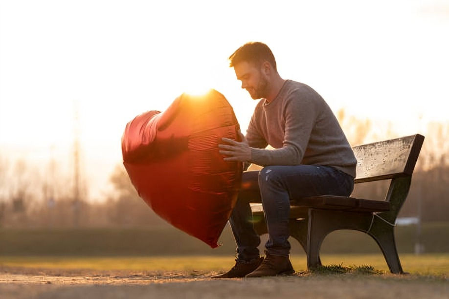 Man sitting on a bench holding a red heart-shaped balloon at sunset, creating a warm and contemplative mood.