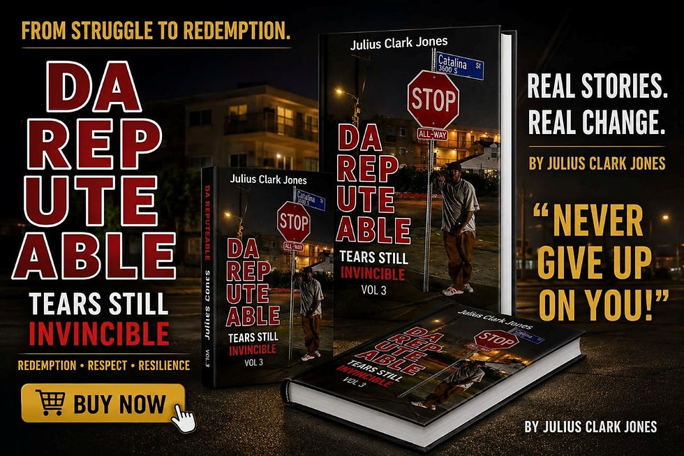 Book ad for Tears Still Invincible Vol. 3 by Julius Clark Jones, with bold red title, stop sign cover, and Never give up on you!