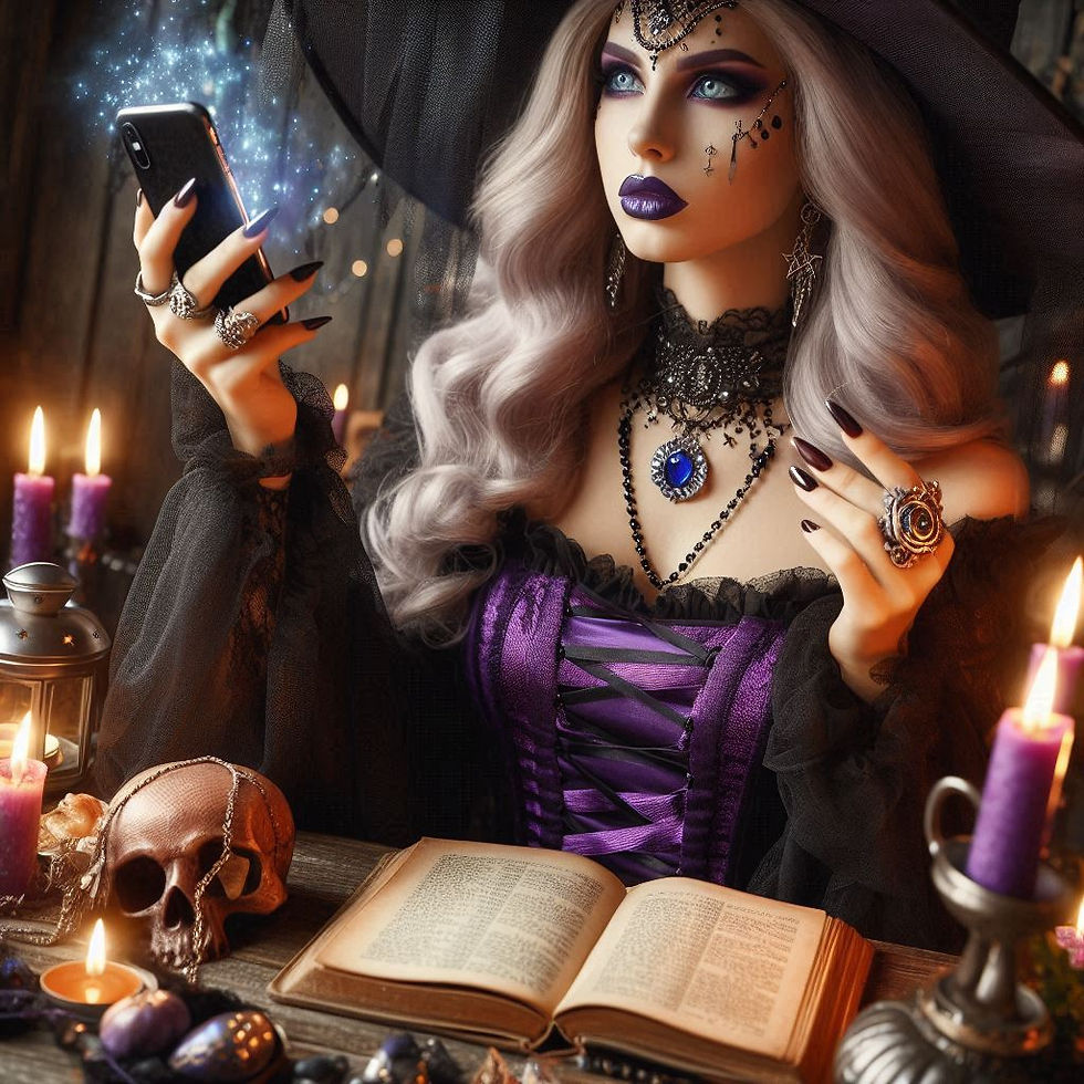 Modern day witch holding smartphone