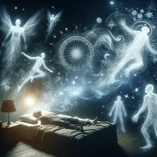 Photo of a man sleeping and there's a shadowy figures in his surroundings.