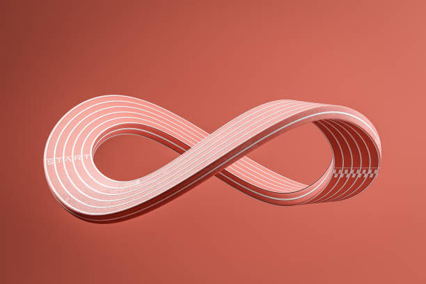 Bright pink Mobius strip over red background. Concept of infinity.