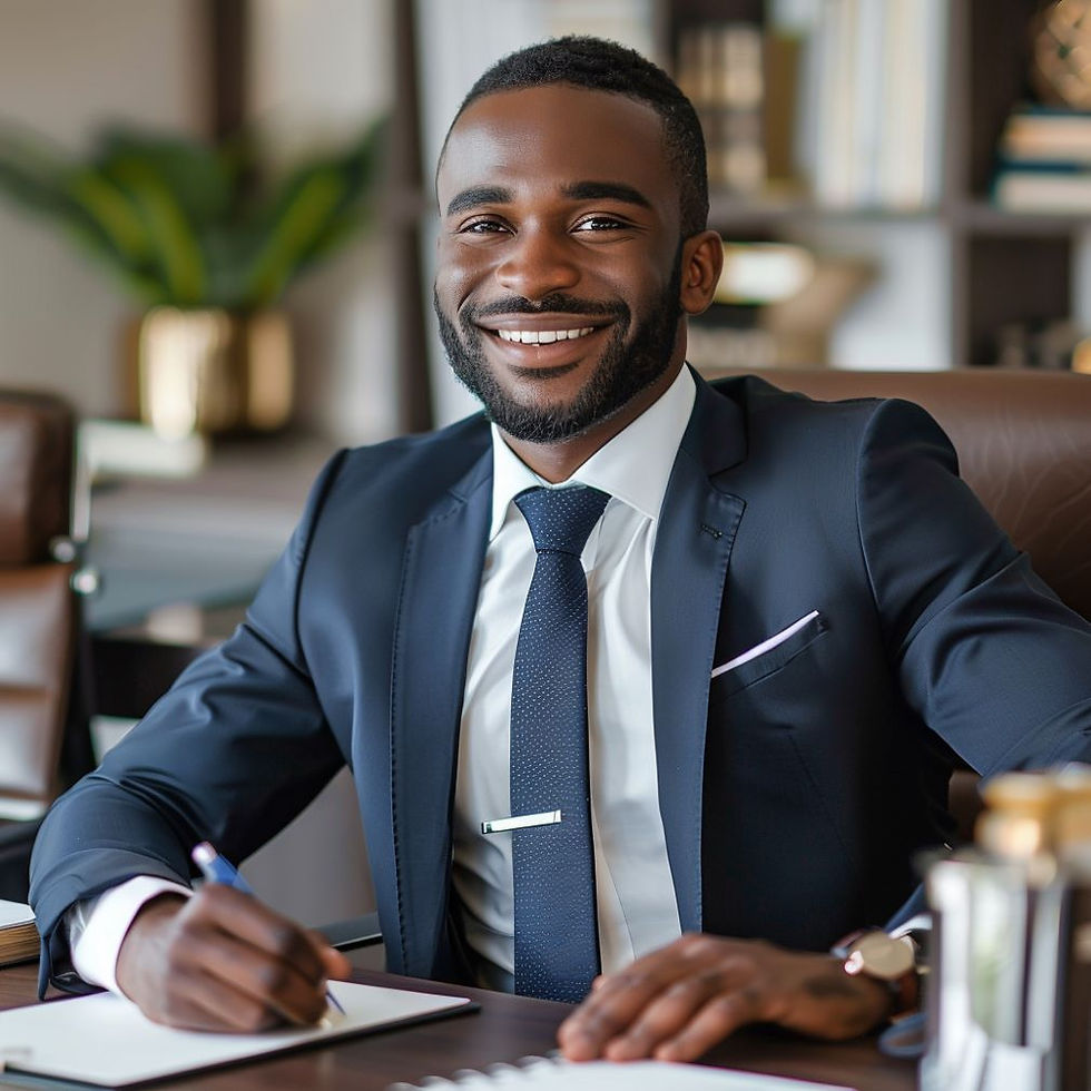 Businessman sitting on desk smiling at camera