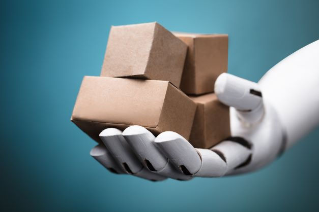 robot hand with small boxes on its palm