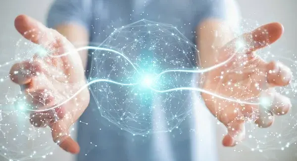 Businessman on blurred background using digital network connection sphere