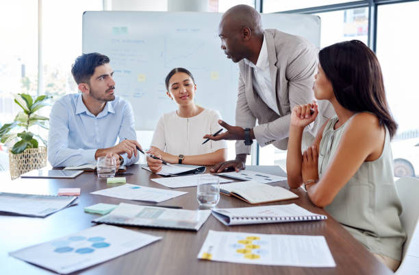 Project management, leadership and planning with business people in meeting for marketing strategy, consulting and teamwork.