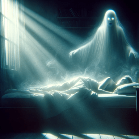 Photo of a man sleeping and there's a shadowy figure in his back.