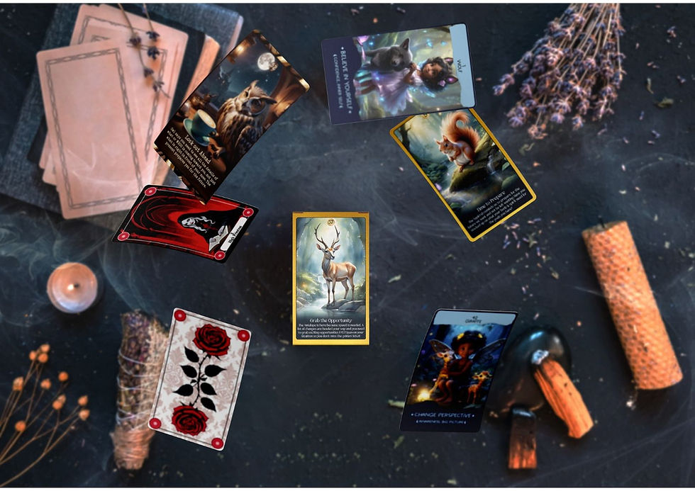 Cards, lights and flowers on the table.
