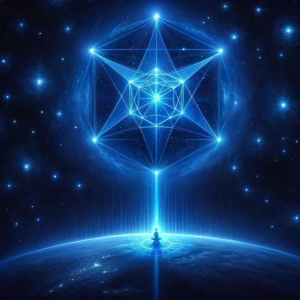 A serene and vast dark blue space filled with stars. In the center theres a smaller three-dimensional Blue Star positioned higher above the Earth and human being meditating on Earth