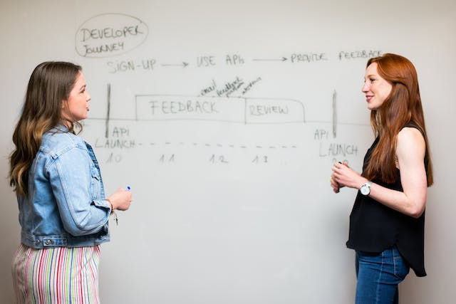 Photo of women talking beside whiteboard