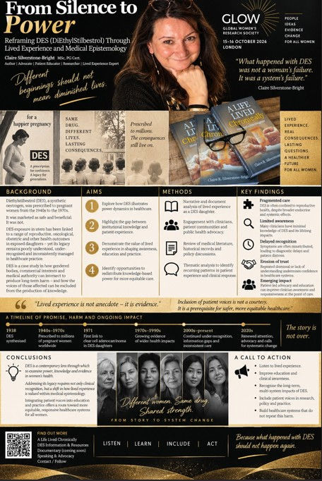 Poster with smiling woman and DES awareness text, showing From Silence to Power and a timeline on diethylstilbestrol harms.