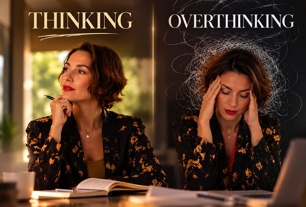 Split image of woman at desk: Thinking with pen, and Overthinking with hands on head, tangled scribbles above, warm indoor light.