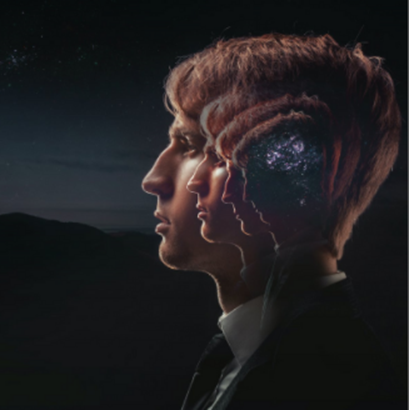 A child in a valley with galaxy in his mind