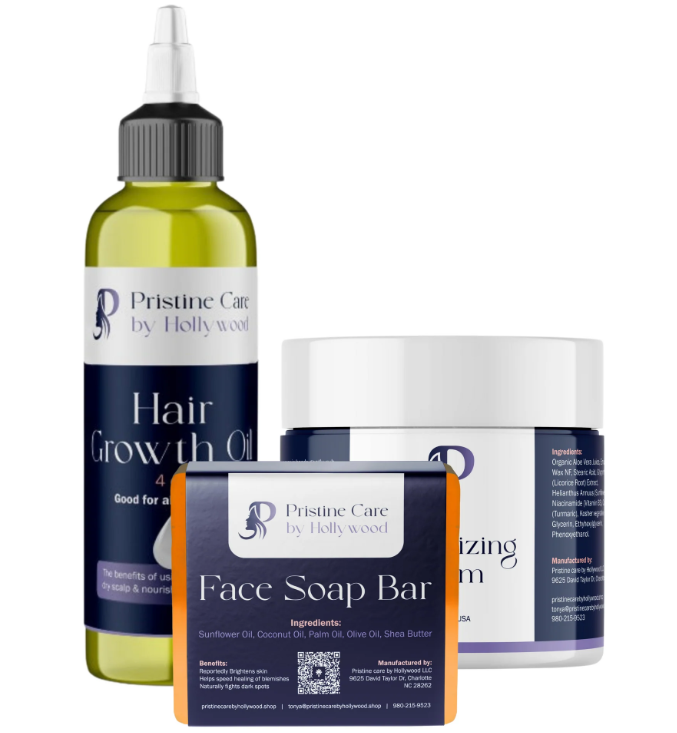 Hair Growth Oil, Face Soap Bar, and Moisturizing Cream from Pristine Care by Hollywood displayed with product labels and ingredients.