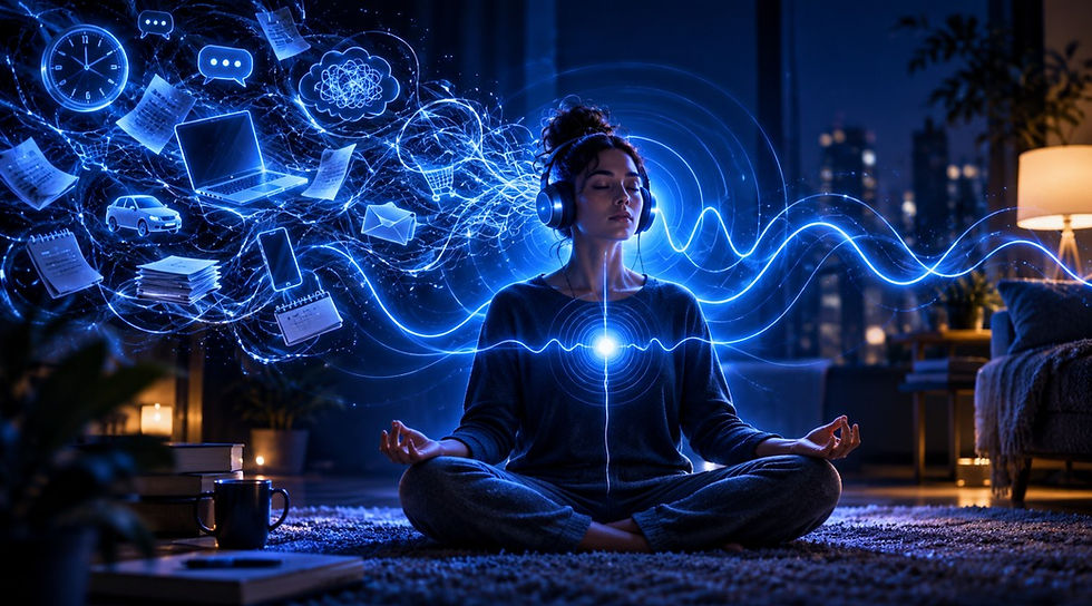 Woman meditating with headphones in a dark living room as blue glowing waves and digital icons swirl around her, calm and focused.