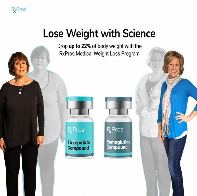 RxPros weight loss ad with two women flanking Tirzepatide and Semaglutide bottles; text says Lose Weight with Science.