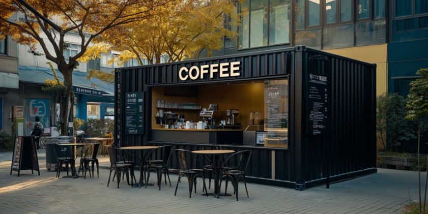 Outdoor coffee kiosk in a black container with "COFFEE" sign. Surrounded by trees with autumn leaves, empty tables, and chairs. Urban setting.
