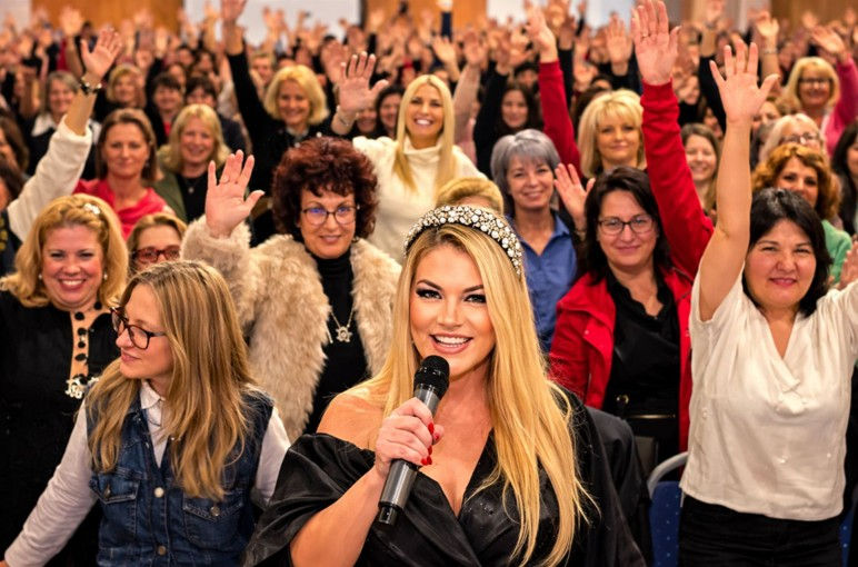 Smiling blonde woman with a microphone stands before a crowd of women raising hands in a bright indoor event room.