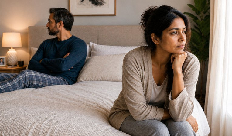 A tense moment between a couple in a bedroom. A woman sits on the edge of the bed in the foreground, looking out a window with a sad, pensive expression. Behind her, a man sits with crossed arms, looking away coldly.