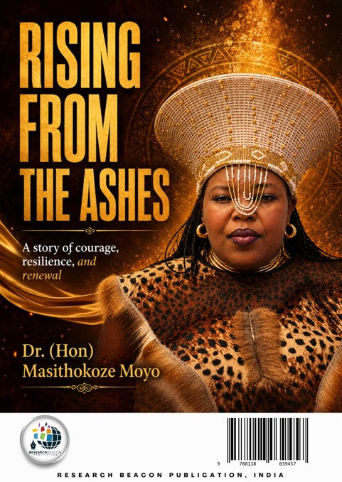 Regal Black woman in gold headdress and leopard-print attire on book cover, titled Rising from the Ashes by Dr. Masithokoze Moyo