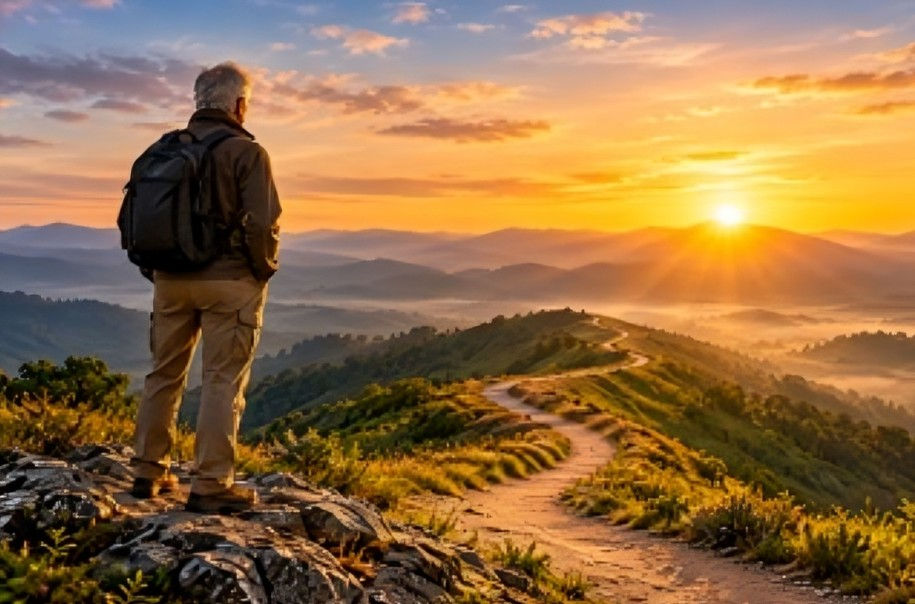Man with backpack stands on a mountain trail at sunrise, overlooking misty hills and a golden sky.