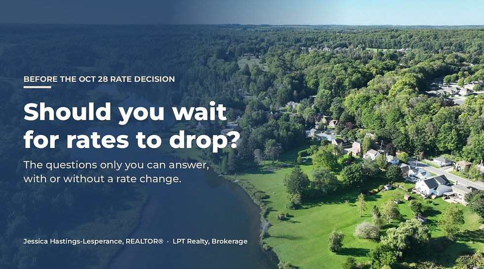 Aerial view of a wooded lakeside suburb with houses and lawns, overlaid with ad text: Should you wait for rates to drop?