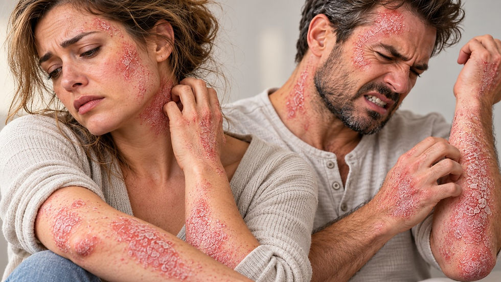 Two adults with red, flaky rashes scratch irritated skin on their faces and arms indoors, looking uncomfortable.