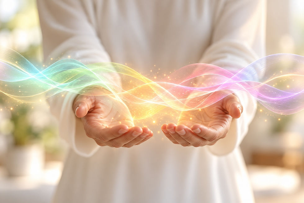 Person in a white sweater holds open palms as glowing rainbow light waves float above them in a soft, warm background.
