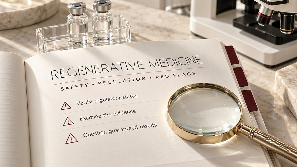 Open book on regenerative medicine with safety and regulation red flags, magnifying glass, vials, and microscope on a lab desk.