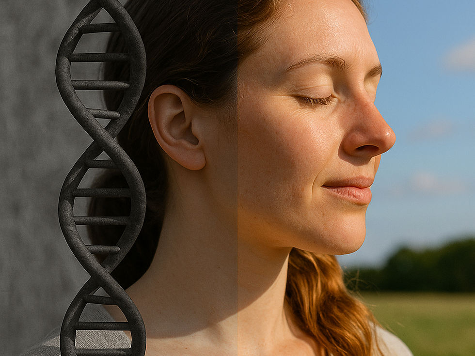 Woman with eyes closed, DNA structure beside her face. Half grayscale, half colorful sky. Calm expression, outdoor setting.