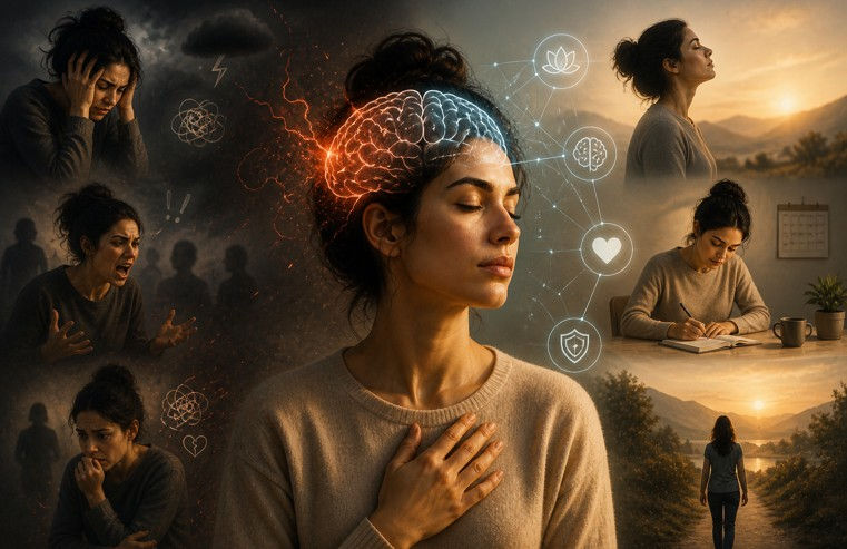 Collage of a woman meditating and writing, with anxious scenes, brain and wellness icons, sunset and morning walk in the background.