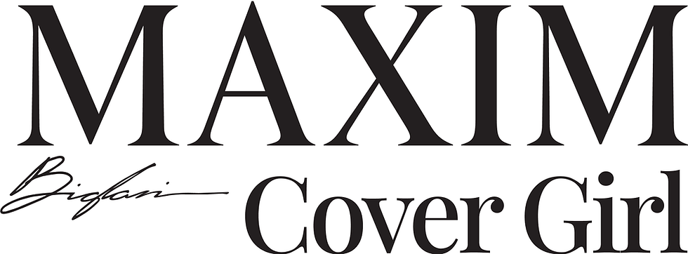 Black text on white background reads "MAXIM Cover Girl" with a signature, creating a bold and elegant design emphasis.