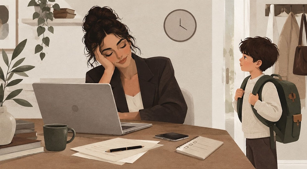 Woman dozing at a desk with laptop and coffee as a boy with a backpack stands nearby in a calm home office.