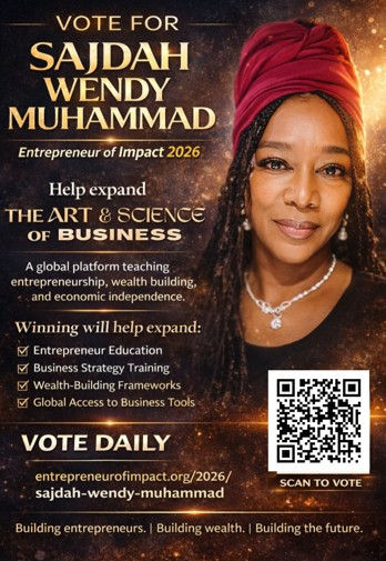 Woman in red headwrap with text promoting Sajdah Wendy Muhammad for Entrepreneur of Impact 2026. Features QR code and voting info.