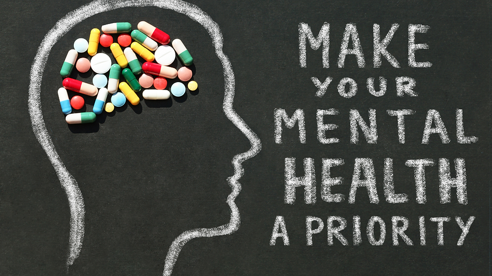 Make your mental health a priority, human head drawing on blackboard with medicines.