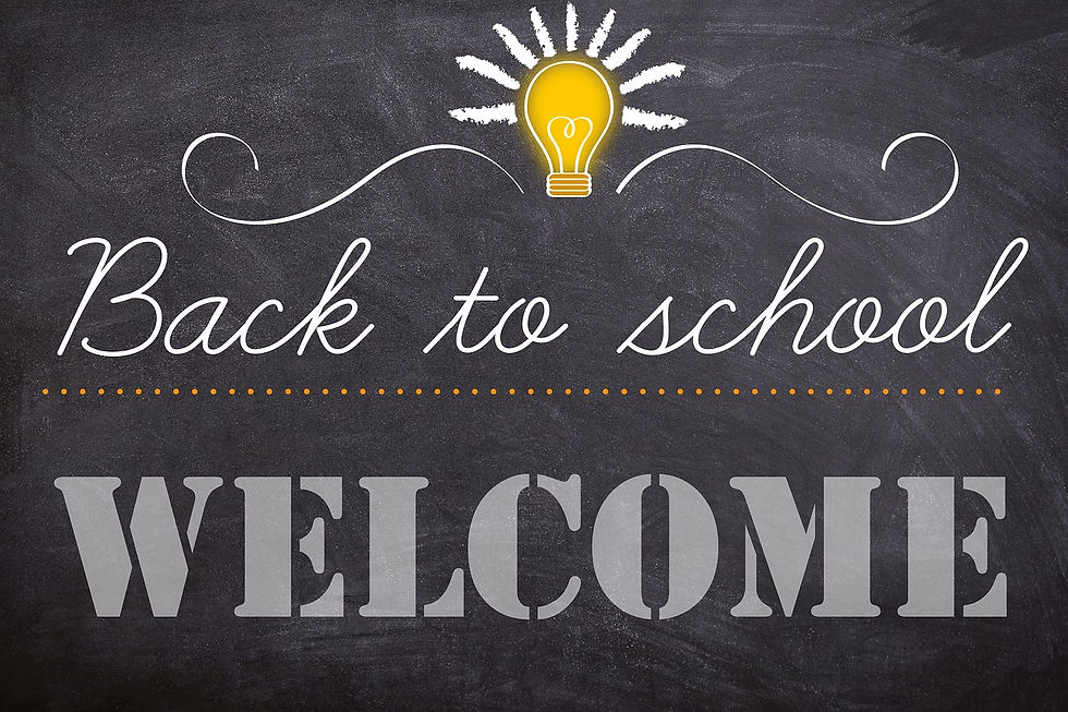 A phrase "welcome back to school" in gray background.