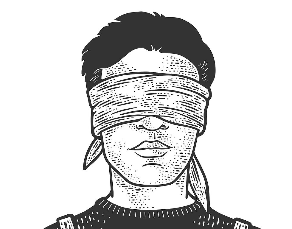 black & white sketch of a man blind folded.