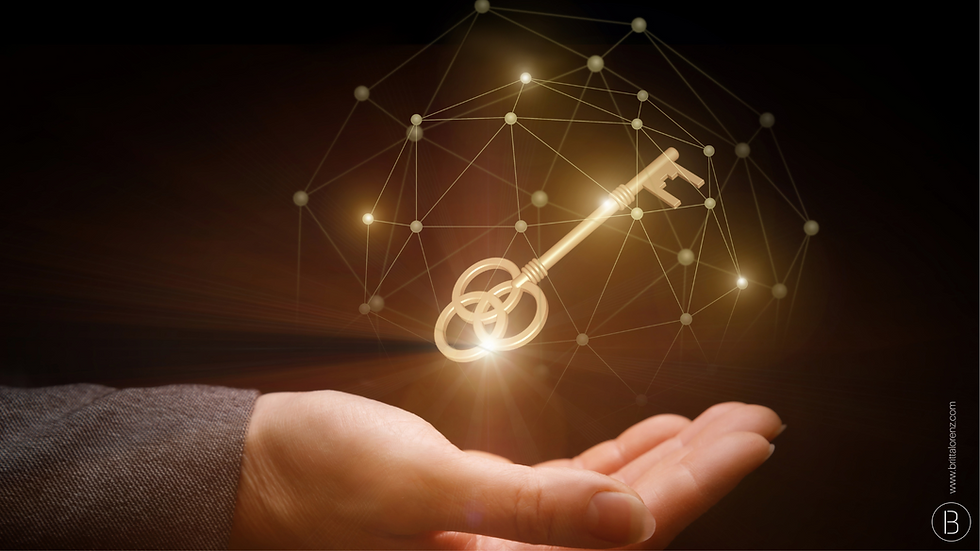 woman hand projecting a floating gold key.