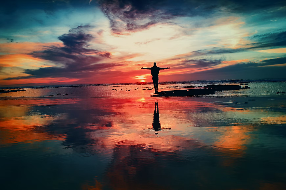 silhouette of a person with his/her arms wide open at the shore during sun set.