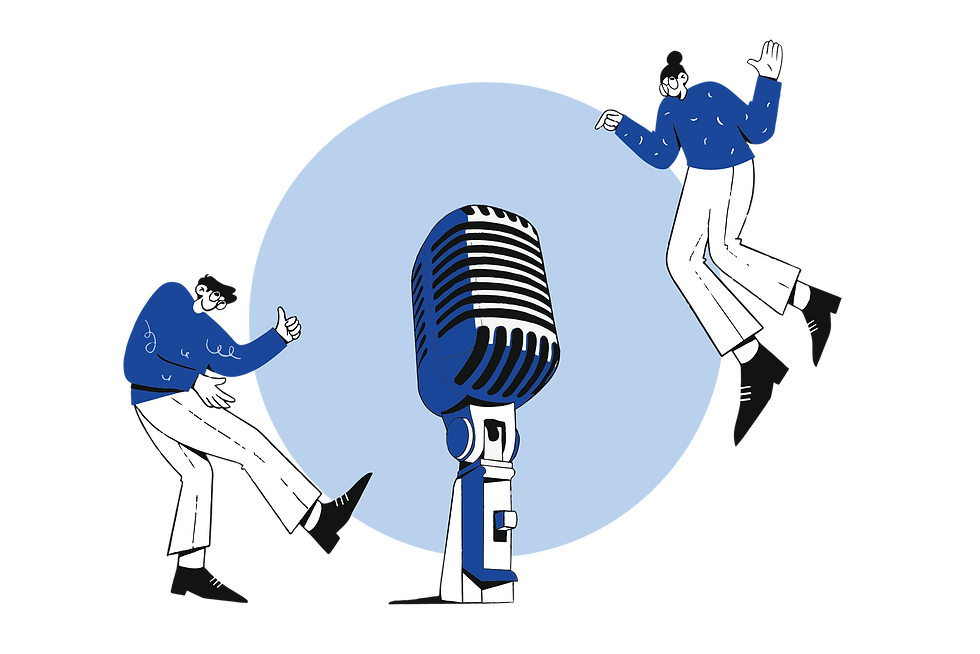 illustration of two people listening to a podcast